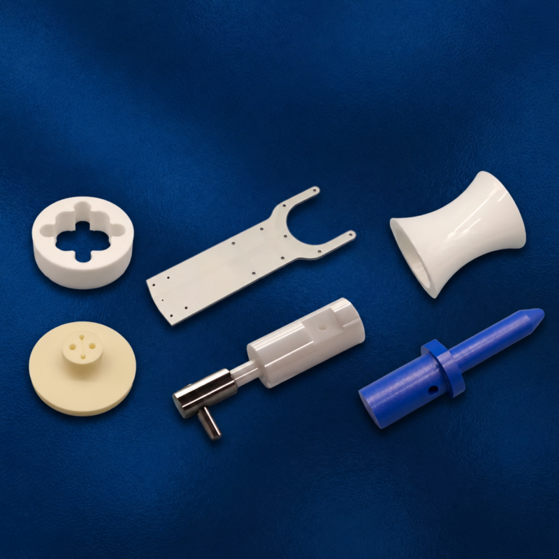 iksonic-custom-machined-components-assortment Six custom-machined component examples on a blue background, including a ring, forked plate, spool, disk, metal-ended cylindrical assembly, and tapered shaft – IKSONIC China supplier.