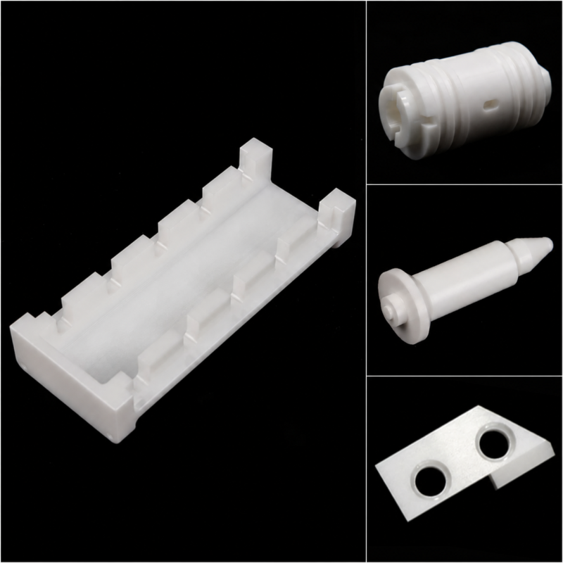 Four custom-machined component examples on black backgrounds: a stepped channel, grooved sleeve, flanged shaft, and plate with two chamfered holes and an edge notch – IKSONIC China supplier.