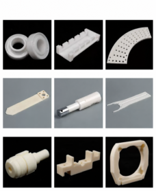 Nine-panel component photo gallery showing rings, a stepped holder, a perforated curved plate, a flat strip, a metal-ended assembly, a forked plate, a grooved fitting, a notched block, and a square frame – IKSONIC China supplier.