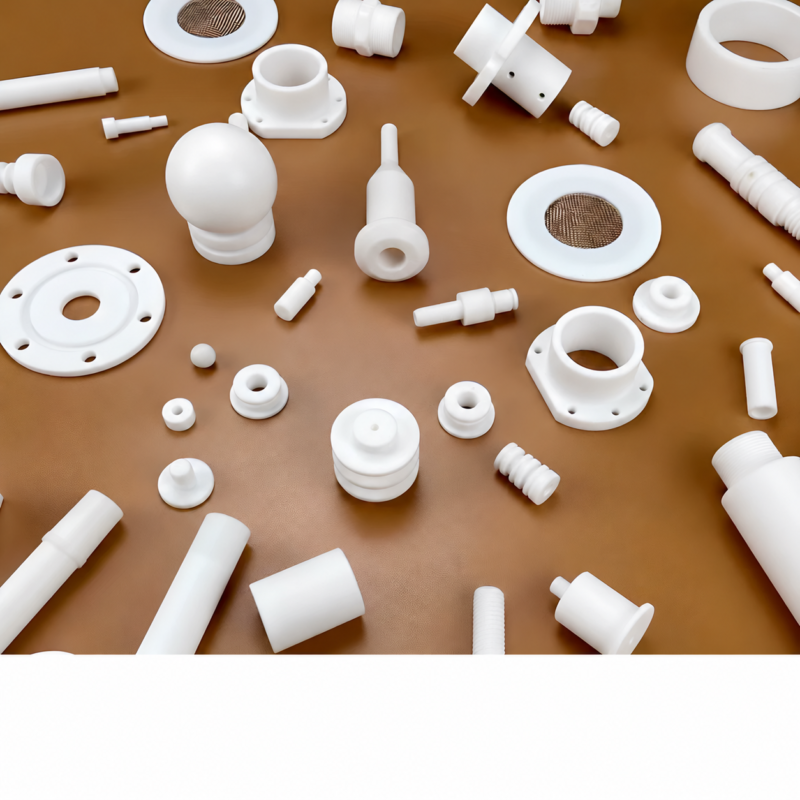 iksonic-custom-ptfe-machined-parts-china-supplier White machined PTFE bushings, flanges and small components on a brown surface, supplied by IKSONIC.