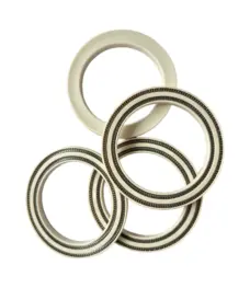 Cream-colored double-spring PEEK seals showing spring channels and reverse face, supplied by IKSONIC China.