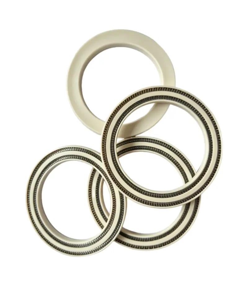 IKSONIC Double-Spring PEEK Seals Front and Back Cream-colored double-spring PEEK seals showing spring channels and reverse face, supplied by IKSONIC China.
