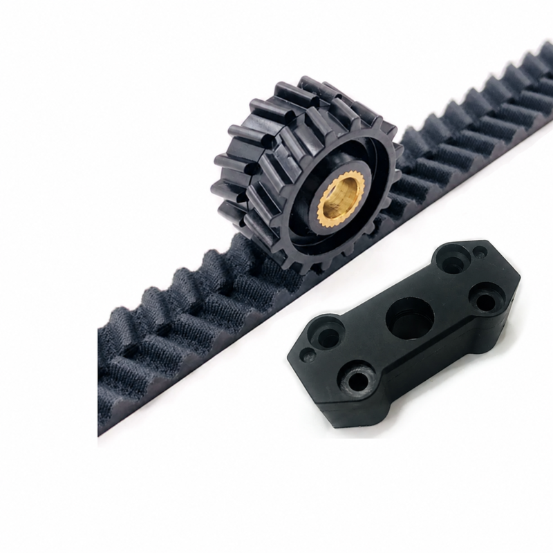 iksonic-elevator-dual-row-pulley-belt-clamp-reference Double-row toothed pulley beside an elevator door belt and clamp; separate replacement options supplied by IKSONIC China.