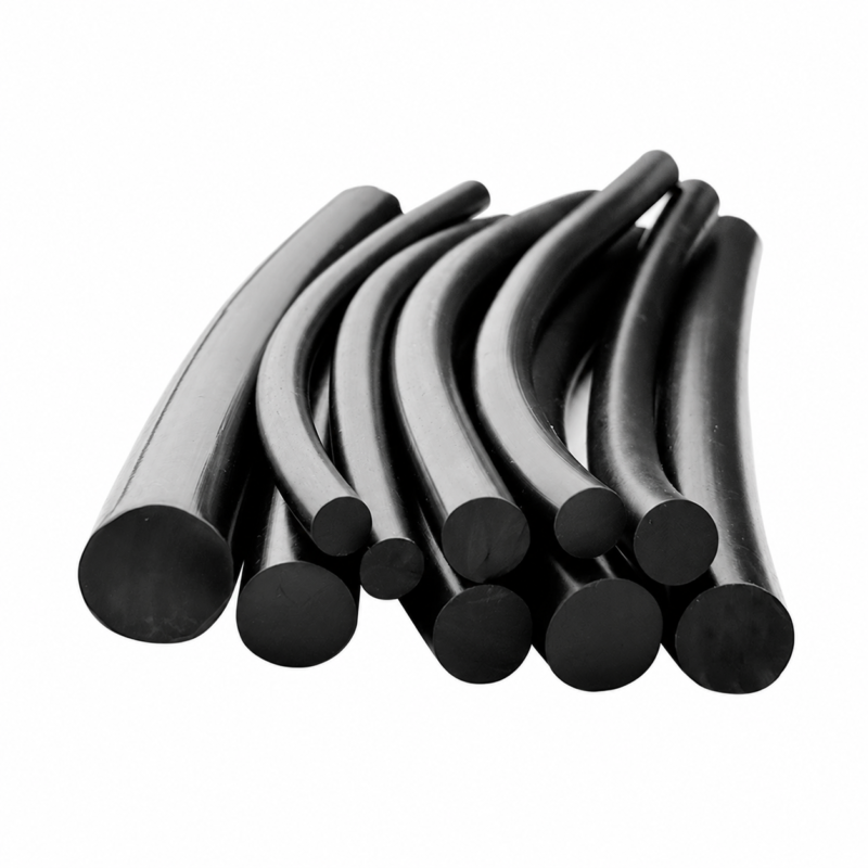 Black EPDM solid round rubber cords in assorted diameters, arranged as a curved bundle with ten visible cut ends. IKSONIC China supply.