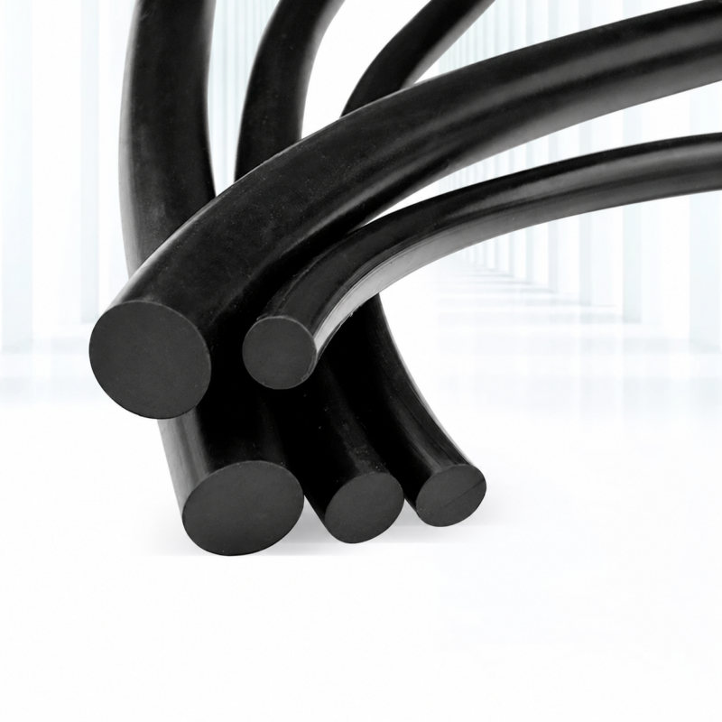 Close-up of five black EPDM solid round rubber cords showing circular cut ends and curved lengths. Supplied by IKSONIC.