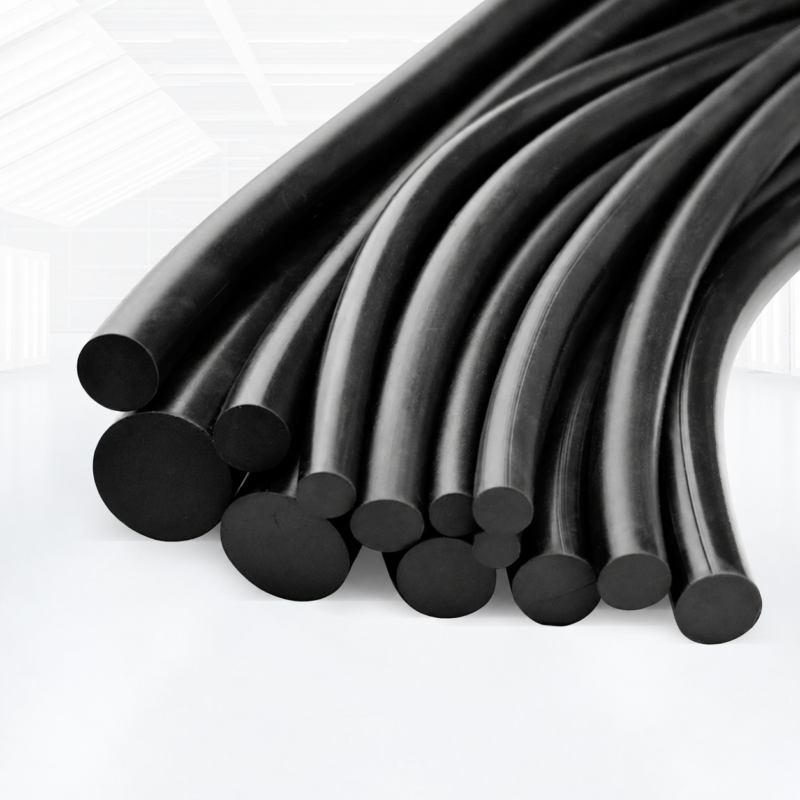 Assorted black EPDM solid round rubber cords with thirteen visible cut ends and different relative diameters. IKSONIC wholesale supply.