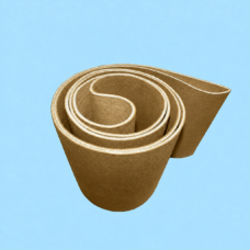 Rolled brown felt conveyor belt with visible layered edges, manufactured by IKSONIC.