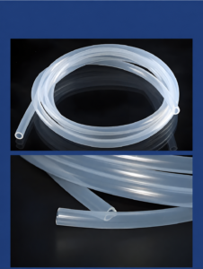 Translucent IKSONIC silicone tubing coil and close-up of the tube ends.