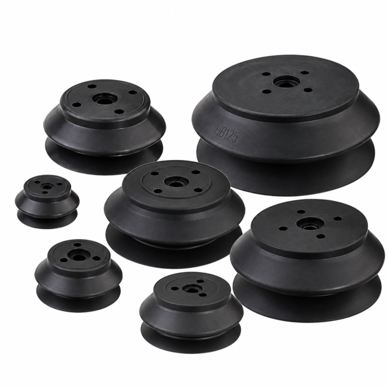 IKSONIC heavy-duty vacuum suction cup range Seven black IKSONIC heavy-duty vacuum suction cups in different sizes.