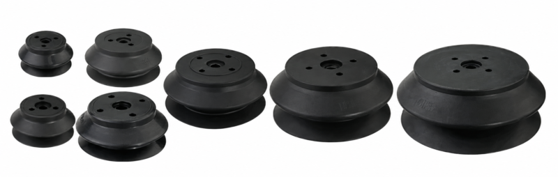 Black IKSONIC heavy-duty vacuum suction cups in a side-view size lineup.