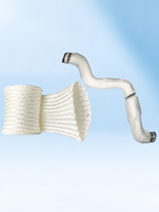 Open woven high-silica sleeve beside a curved-pipe application example from IKSONIC, a China supplier; pipe and clamps are not included.