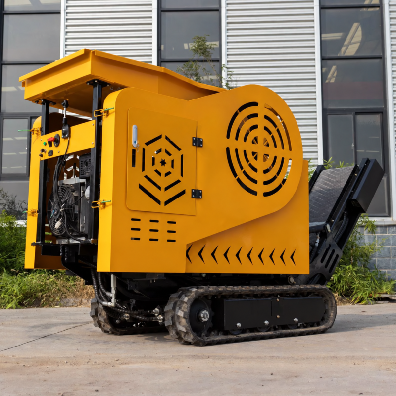 Drive-side view of a yellow tracked crusher showing its track assembly and machine housing.