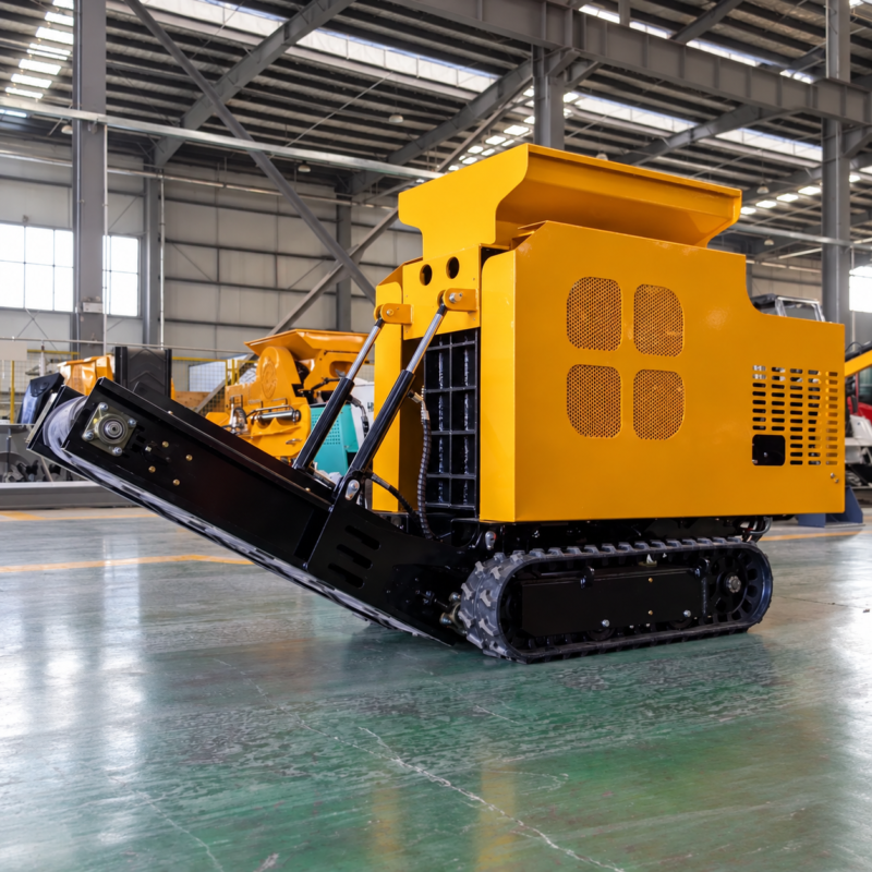 iksonic-htjc430-tracked-jaw-crusher-side Yellow HTJC430 tracked jaw crusher with feed hopper, rubber tracks and angled discharge conveyor.
