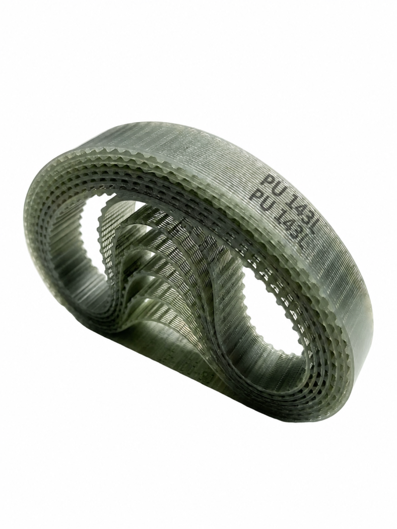 Nested polyurethane L-profile timing belts showing the inner tooth structure and reinforcing lines on a white background. Structural example supplied by IKSONIC in China.
