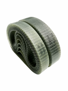 Side view of two nested polyurethane L-profile timing belt coils with visible teeth and original printed markings. Structural example supplied by IKSONIC in China.