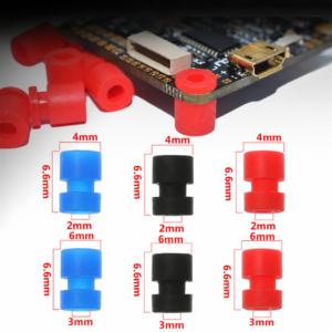 Black, blue and red IKSONIC M2 and M3 silicone vibration mounts with dimension labels and an installation example.