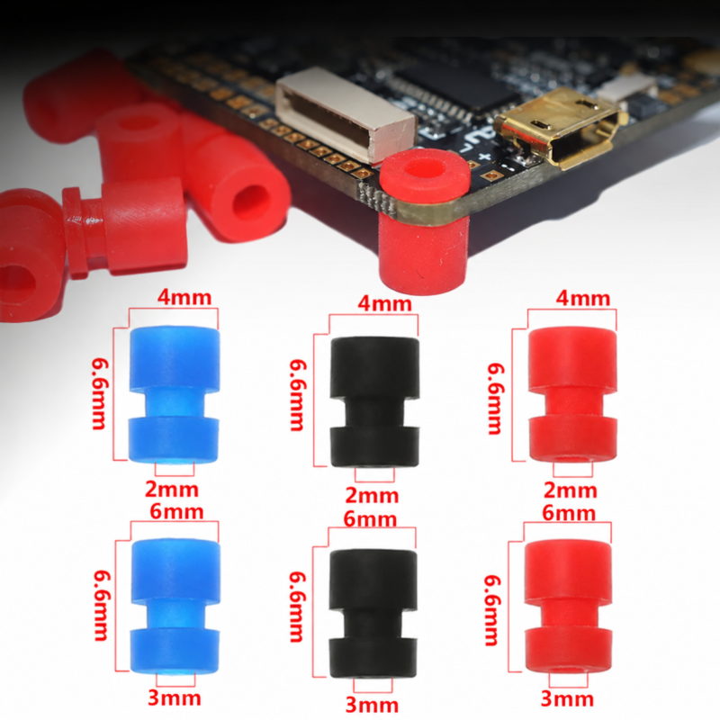 Black, blue and red M2 and M3 silicone vibration mounts with dimension labels, offered by IKSONIC China supplier.