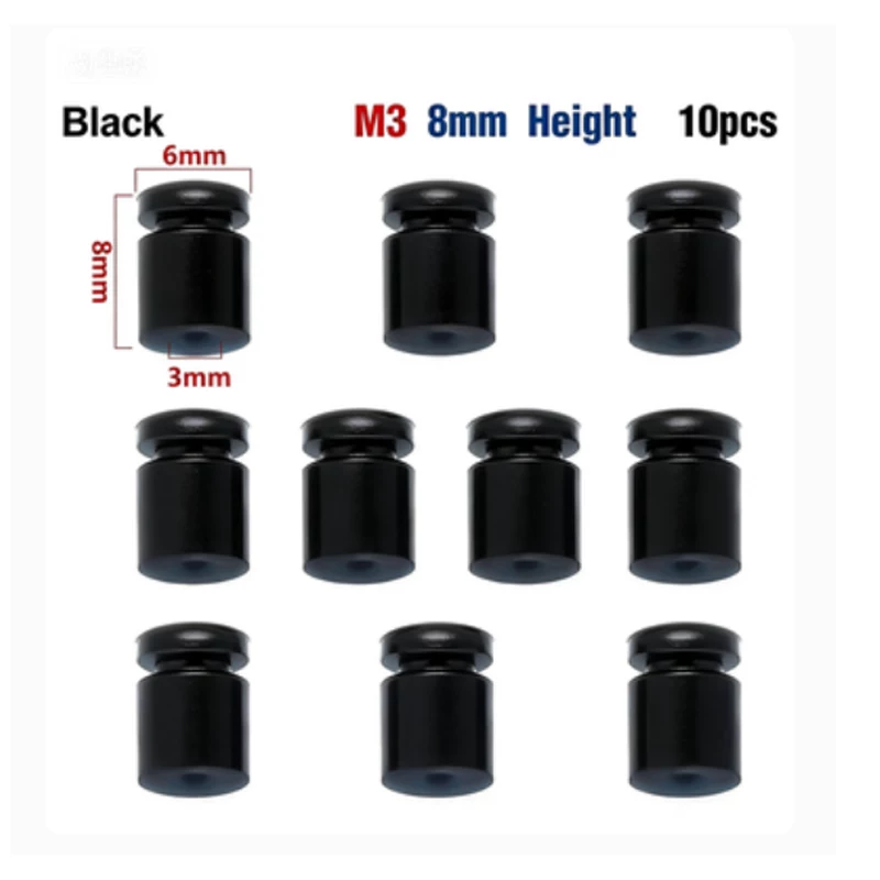 Ten black M3 silicone dampers with 8 mm height, 6 mm outer diameter and 3 mm bore as marked in the source diagram; IKSONIC wholesale supply.
