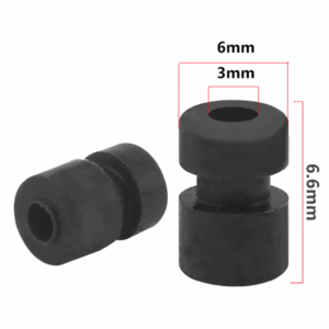 Two black IKSONIC M3 silicone mounts showing 6 mm outer diameter, 3 mm bore and 6.6 mm height.