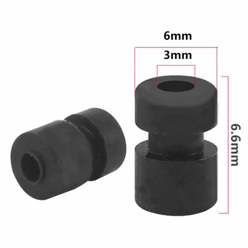 Two black M3 silicone mounts showing 6 mm outer diameter, 3 mm bore and 6.6 mm height; IKSONIC supply option.