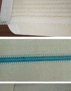 Two close-up views of white IKSONIC woven mesh belt edge and joint constructions.