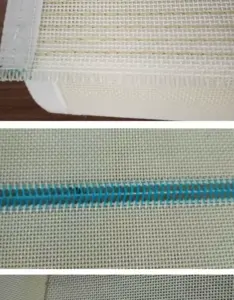 Two close-up views of white IKSONIC woven mesh belt edge and joint constructions.