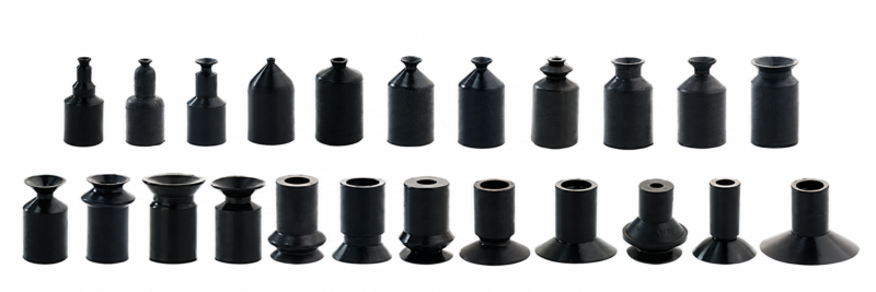 IKSONIC miniature vacuum suction cups arranged in two rows of different profiles.