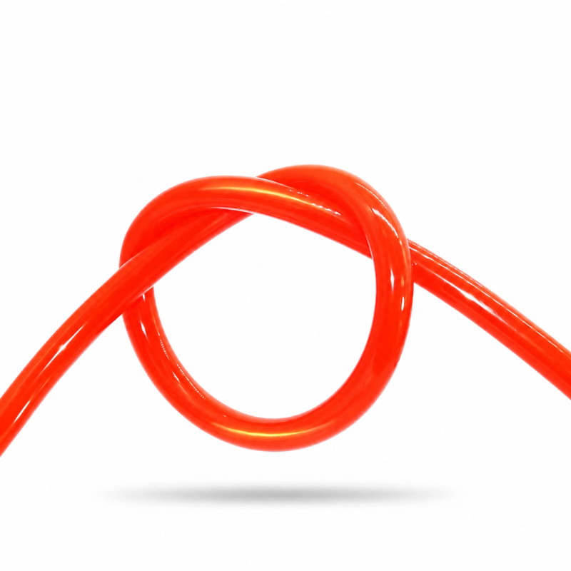 Orange IKSONIC polyurethane pneumatic tubing formed into a loop on a white background.