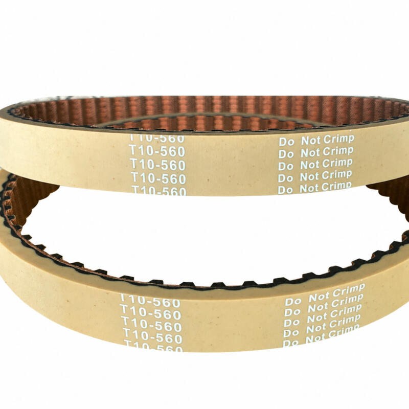 Beige-coated IKSONIC timing belt loops with visible T10-560 markings and inner teeth.