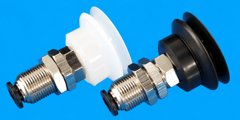 White silicone and black NBR IKSONIC PBK suction cups with threaded holders.