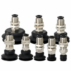 Eight black IKSONIC PBK vacuum suction cup assemblies with threaded holders.