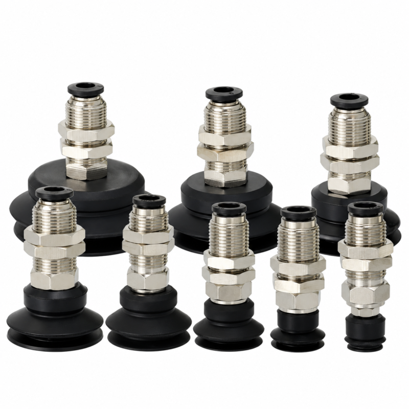 IKSONIC PBK vacuum suction cup series Eight black IKSONIC PBK vacuum suction cup assemblies with threaded holders.
