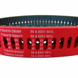 Perforated red-coated IKSONIC film-pulling timing belt showing slots and inner teeth.
