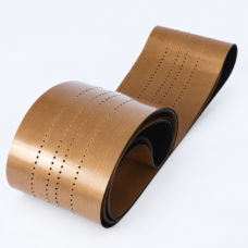 Coiled brown perforated process belt showing the hole pattern and dark reverse face, IKSONIC wholesale selection.