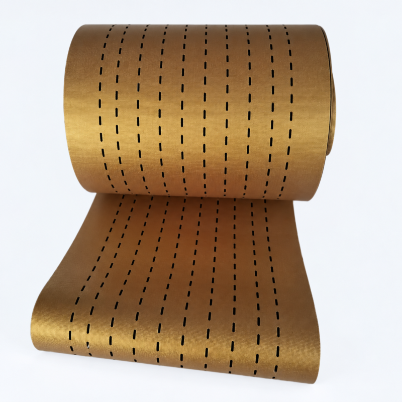 iksonic-perforated-ptfe-conveyor-belt-china-supplier Brown PTFE conveyor belt with longitudinal rows of slots, offered by IKSONIC, a China supplier.