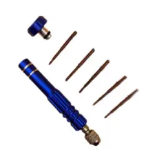Blue IKSONIC precision screwdriver handle, detached swivel cap and five interchangeable bits on a light background.