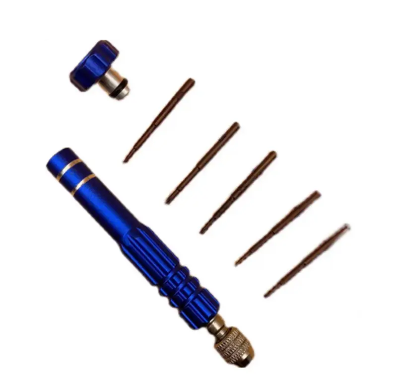 Blue IKSONIC precision screwdriver handle, detached swivel cap and five interchangeable bits on a light background.
