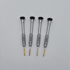 Four IKSONIC T6 precision screwdrivers with silver-colored knurled handles and black swivel caps on a gray background.