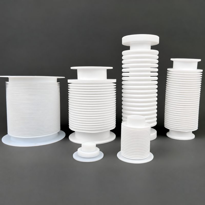 White PTFE bellows and flanged expansion joints in six different sizes; supplied by IKSONIC in China.