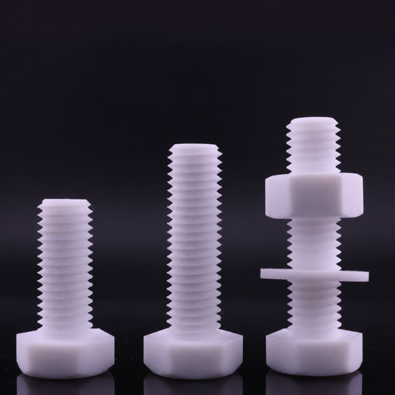 Three PTFE hex head bolts showing thread detail and separately sold nut and washer, IKSONIC wholesale supply