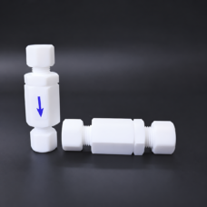 Two white PTFE check valves with compression nuts, one upright with a blue flow-direction arrow and one horizontal; supplied by IKSONIC in China.