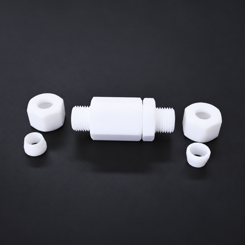 White PTFE check valve with exposed male threads, two detached compression nuts and two ferrules; IKSONIC wholesale valve connection detail.