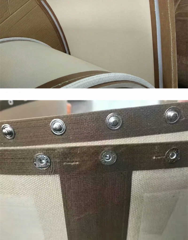 PTFE-coated conveyor belt edge details with reinforced fabric, four domed snaps and three matching sockets.