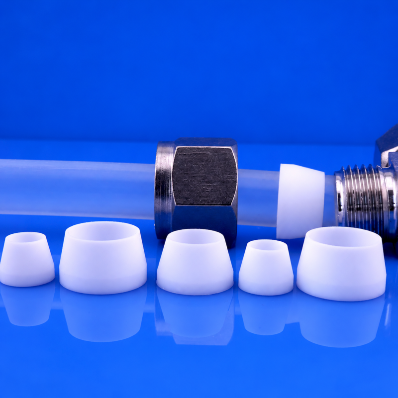 iksonic-ptfe-conical-ferrules-china-supplier White PTFE conical ferrules from IKSONIC, with tube and metal fitting shown as an application example; assembly components are not implied to be included.