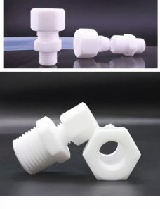 PTFE connector assembly on translucent tubing and close-up of threaded body and nut bore, supplied by IKSONIC