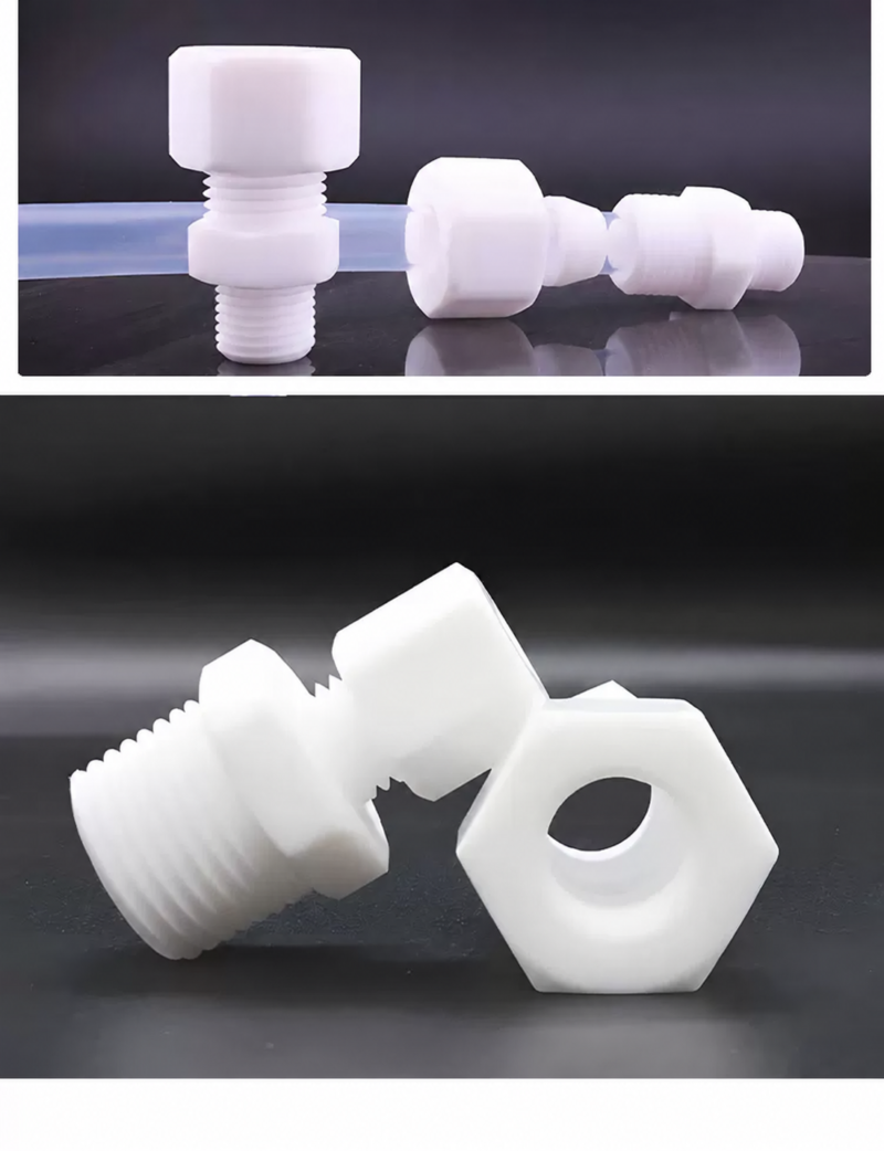 PTFE connector assembly on translucent tubing and close-up of threaded body and nut bore, supplied by IKSONIC