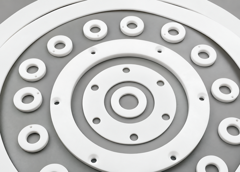 White PTFE flange gaskets with bolt holes and smaller drilled washers on a gray background; supplied by IKSONIC in China.