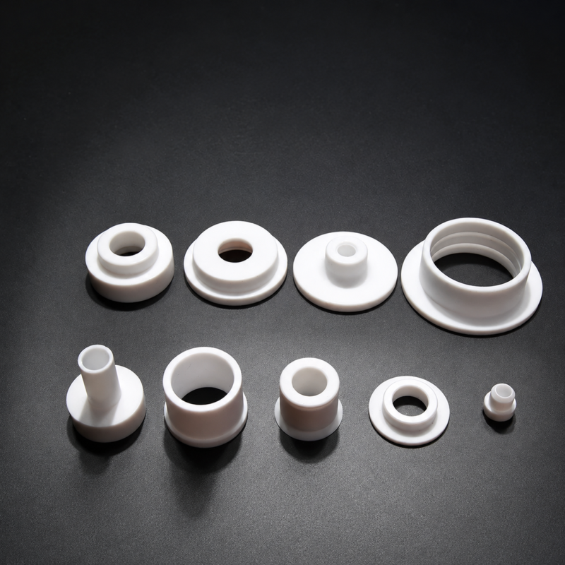 IKSONIC PTFE flanged bushing assortment - China supplier Nine white PTFE flanged bushings and shoulder sleeves on a dark background, supplied by IKSONIC China
