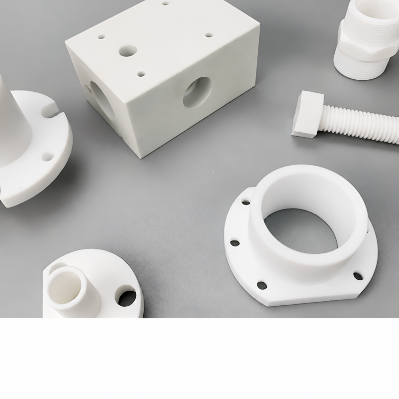 Close-up of white PTFE flanged bushings, a drilled block and threaded components supplied by IKSONIC.