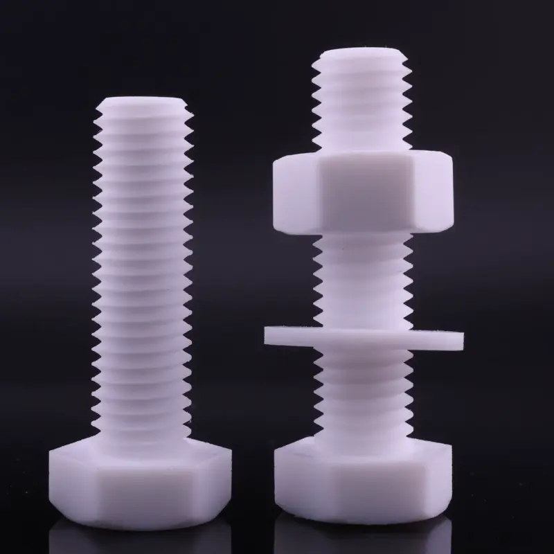 IKSONIC PTFE Hex Head Bolts - China Supplier White PTFE hex head bolts shown with a separately sold nut and washer, supplied by IKSONIC in China